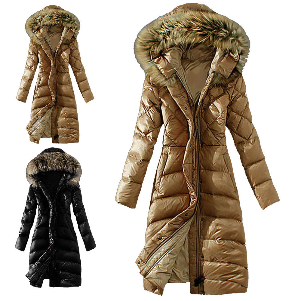 Womens Long Down Cotton Coat with Detachable Fur Collar