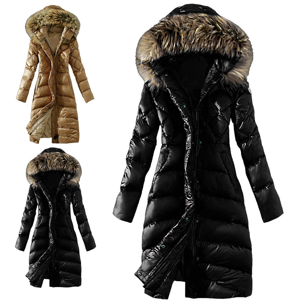 Womens Long Down Cotton Coat with Detachable Fur Collar