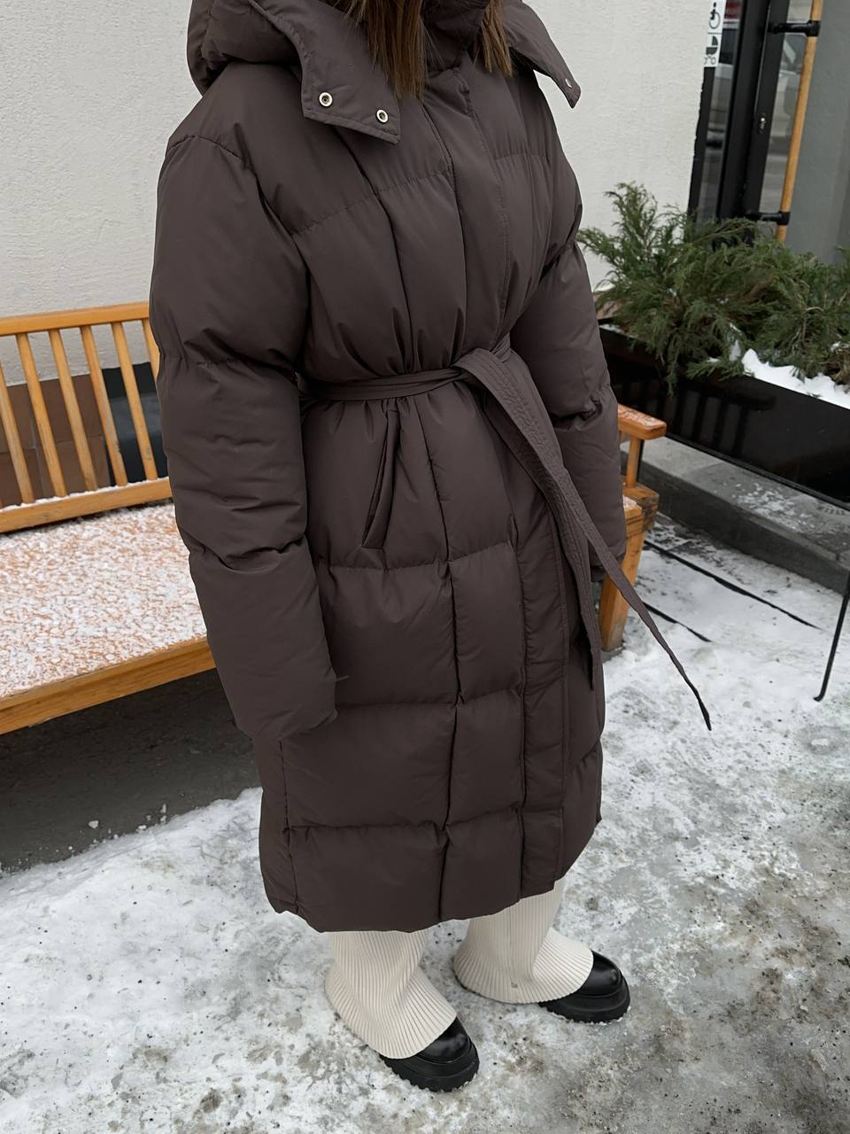 Long Loose Fit Padded Coat with Hood for Women