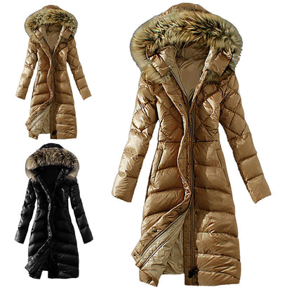 Womens Long Down Cotton Coat with Detachable Fur Collar