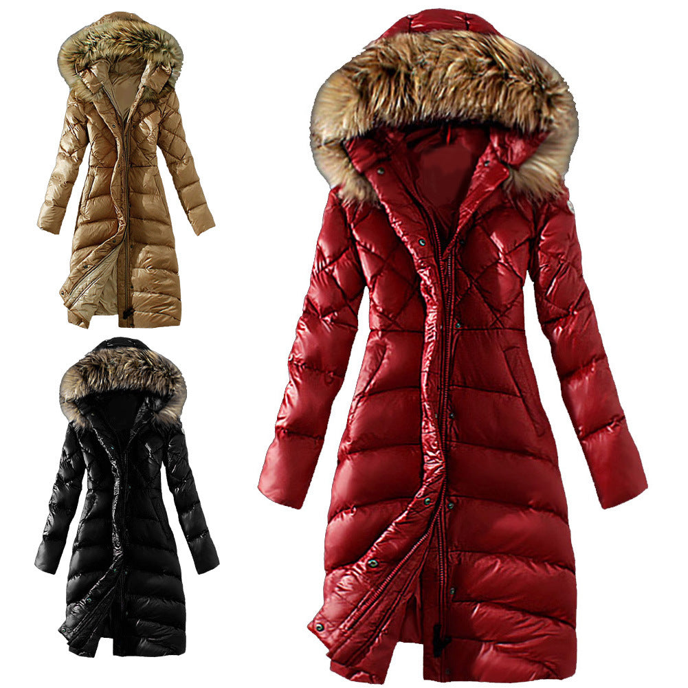 Womens Long Down Cotton Coat with Detachable Fur Collar