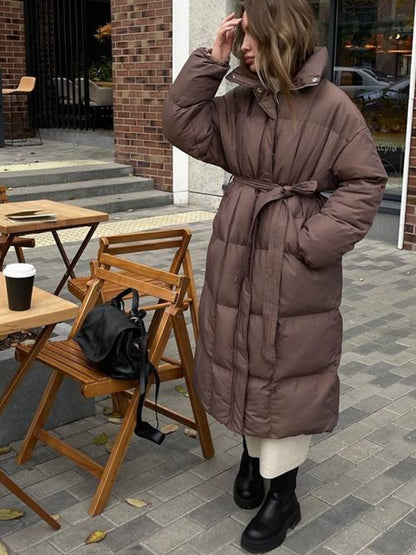 Long Loose Fit Padded Coat with Hood for Women