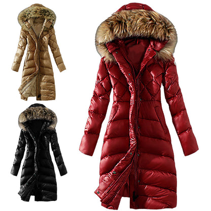 Womens Long Down Cotton Coat with Detachable Fur Collar